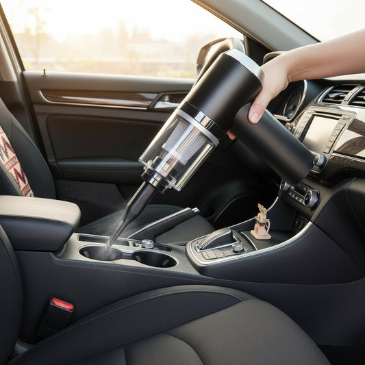 Black handheld vacuum cleaner with attachments and USB cable on a white background
